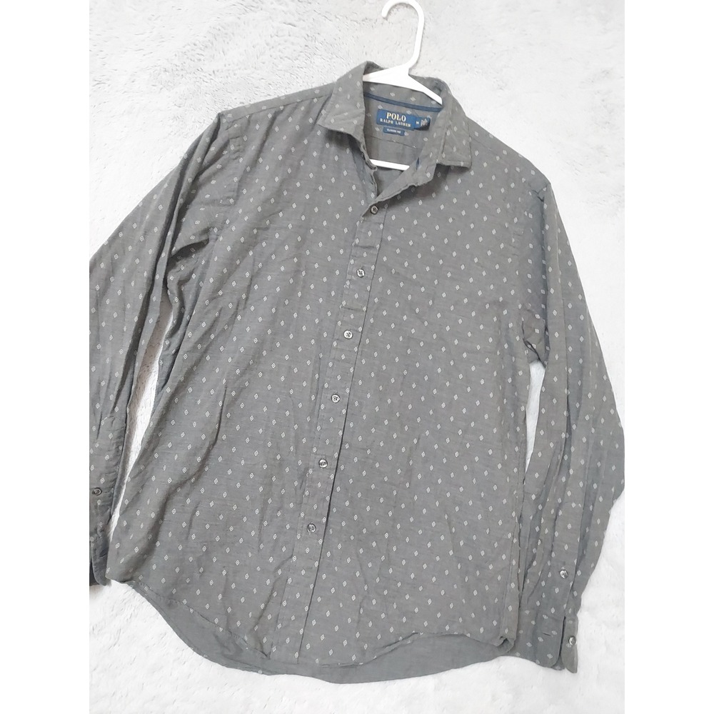 Polo Ralph Lauren Shirt Mens Medium Classic Fit Long Sleeve Diamond Print Gray M